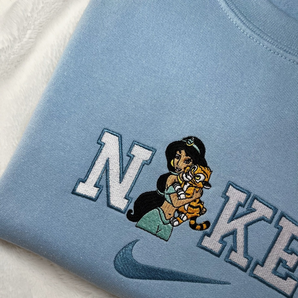 Custom Embroidered Princess Jasmine x Nike Inspired Light Blue Crewneck